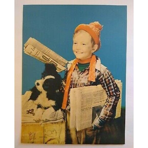 Newspaper Boy And Black & White Puppy Dog Art Print Vintage 1940's Lithograph - Picture 2 of 6
